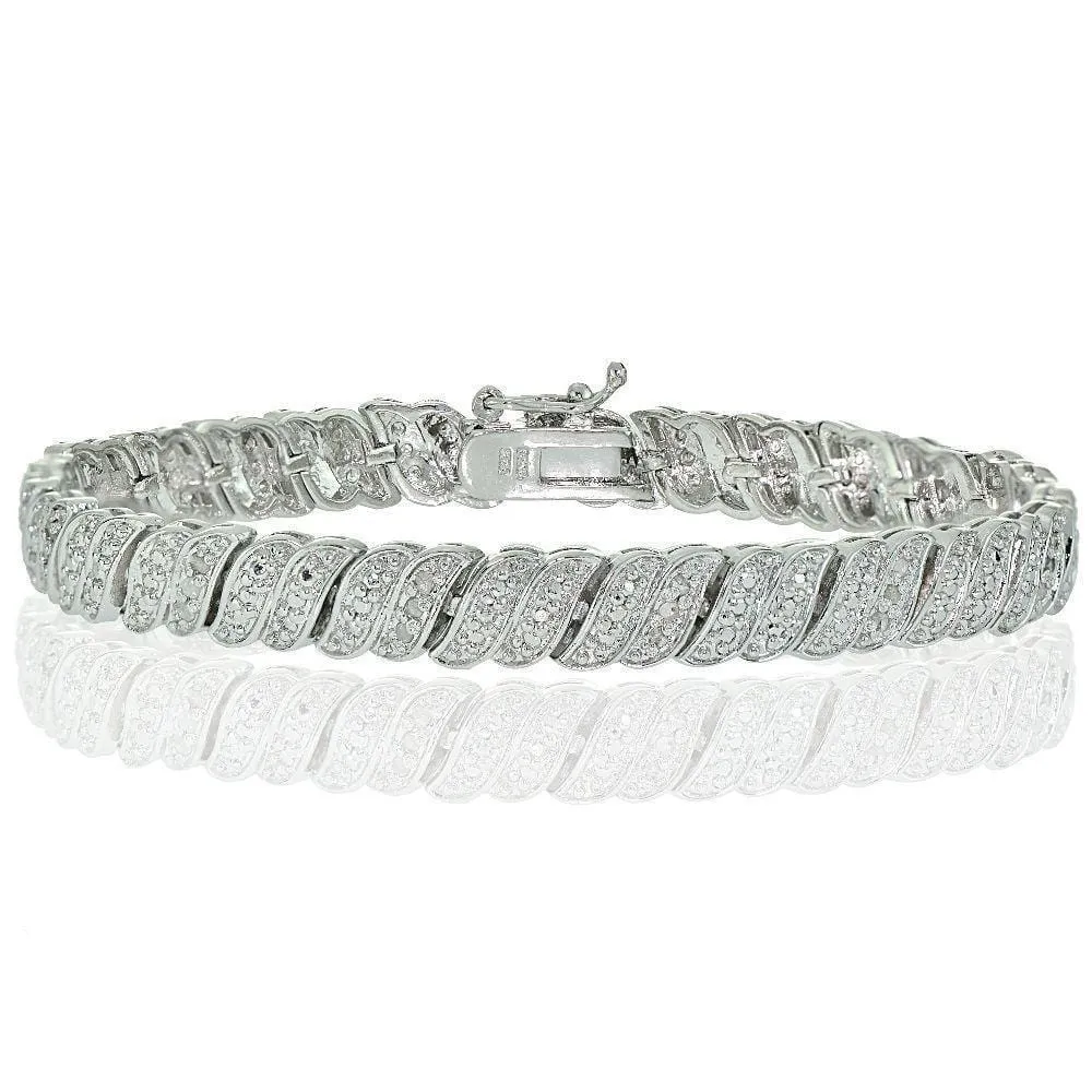 0.25 Ct Silver Plated Diamond Wave Link Tennis Bracelet 7.5"
