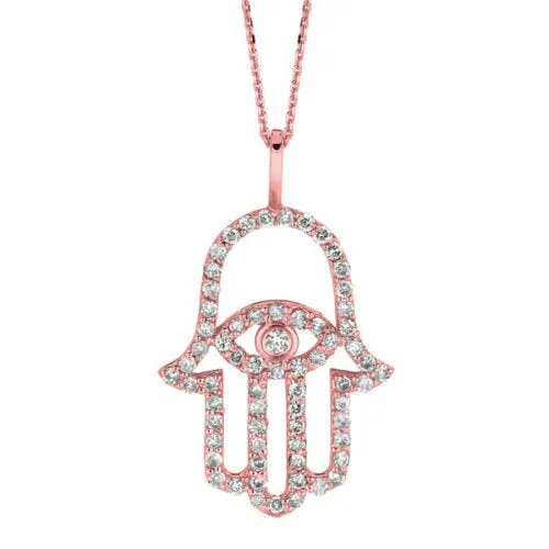 0.50 Carat Natural Diamond Hamsa Necklace 14K Rose Gold G SI 18'' chain