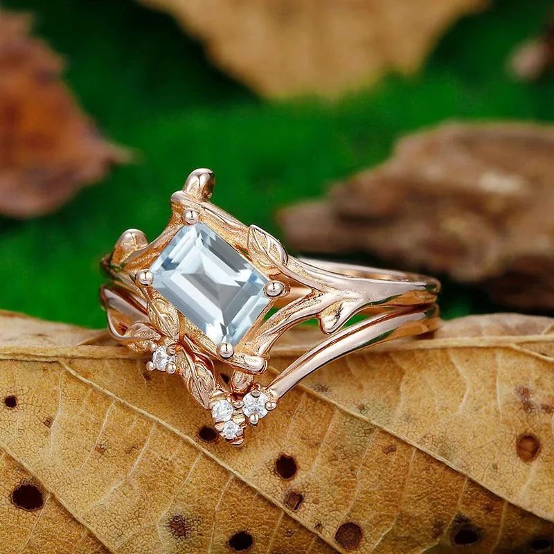 1 CT Emerald Cut 14k Gold Unique Leaf Design Aquamarine Ring Set