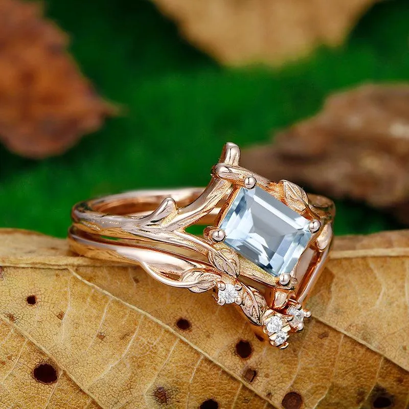 1 CT Emerald Cut 14k Gold Unique Leaf Design Aquamarine Ring Set