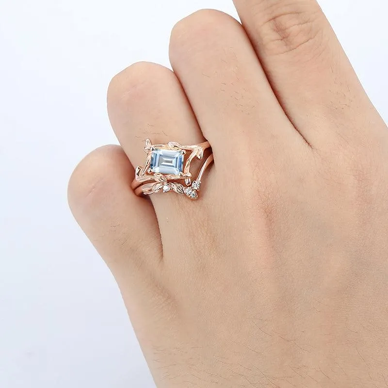1 CT Emerald Cut 14k Gold Unique Leaf Design Aquamarine Ring Set
