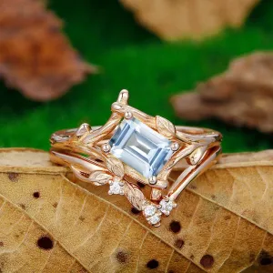 1 CT Emerald Cut 14k Gold Unique Leaf Design Aquamarine Ring Set