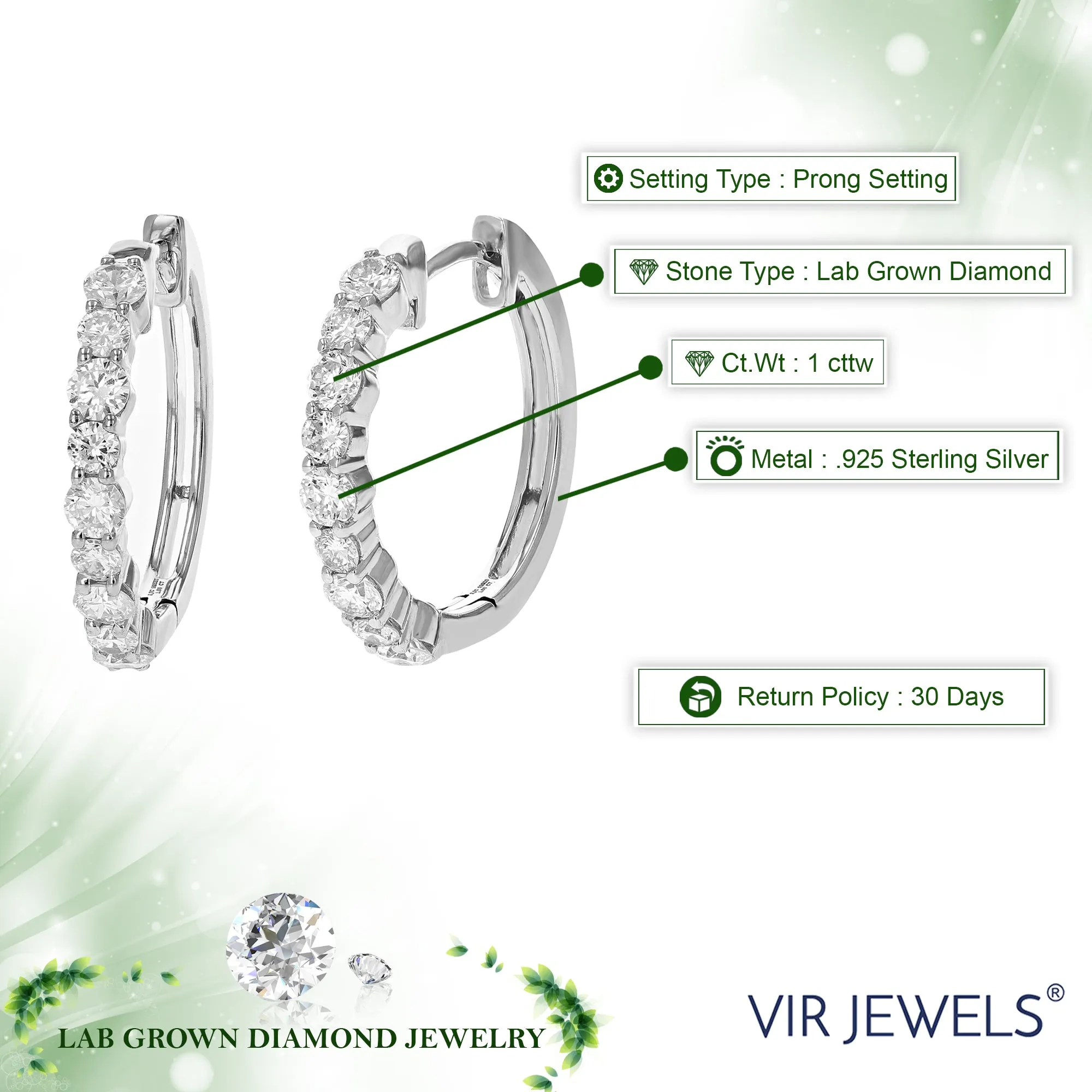 1 cttw Lab Grown Diamond Classic Hoop Earrings in Sterling Silver