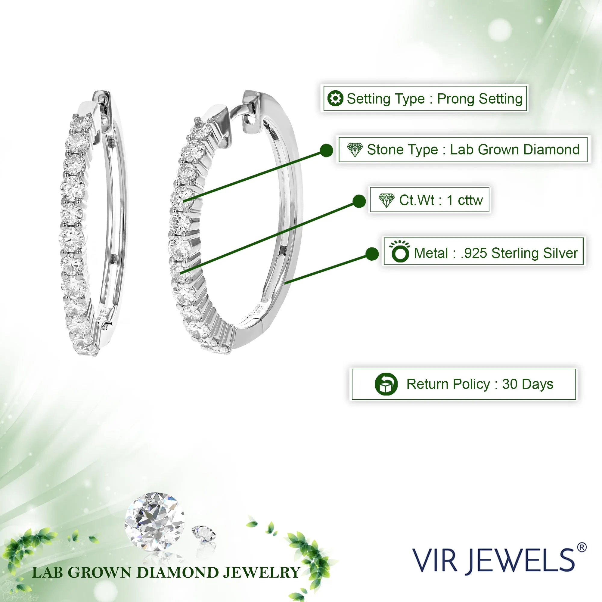 1 cttw Lab Grown Diamond Hoop Earrings in .925 Sterling Silver