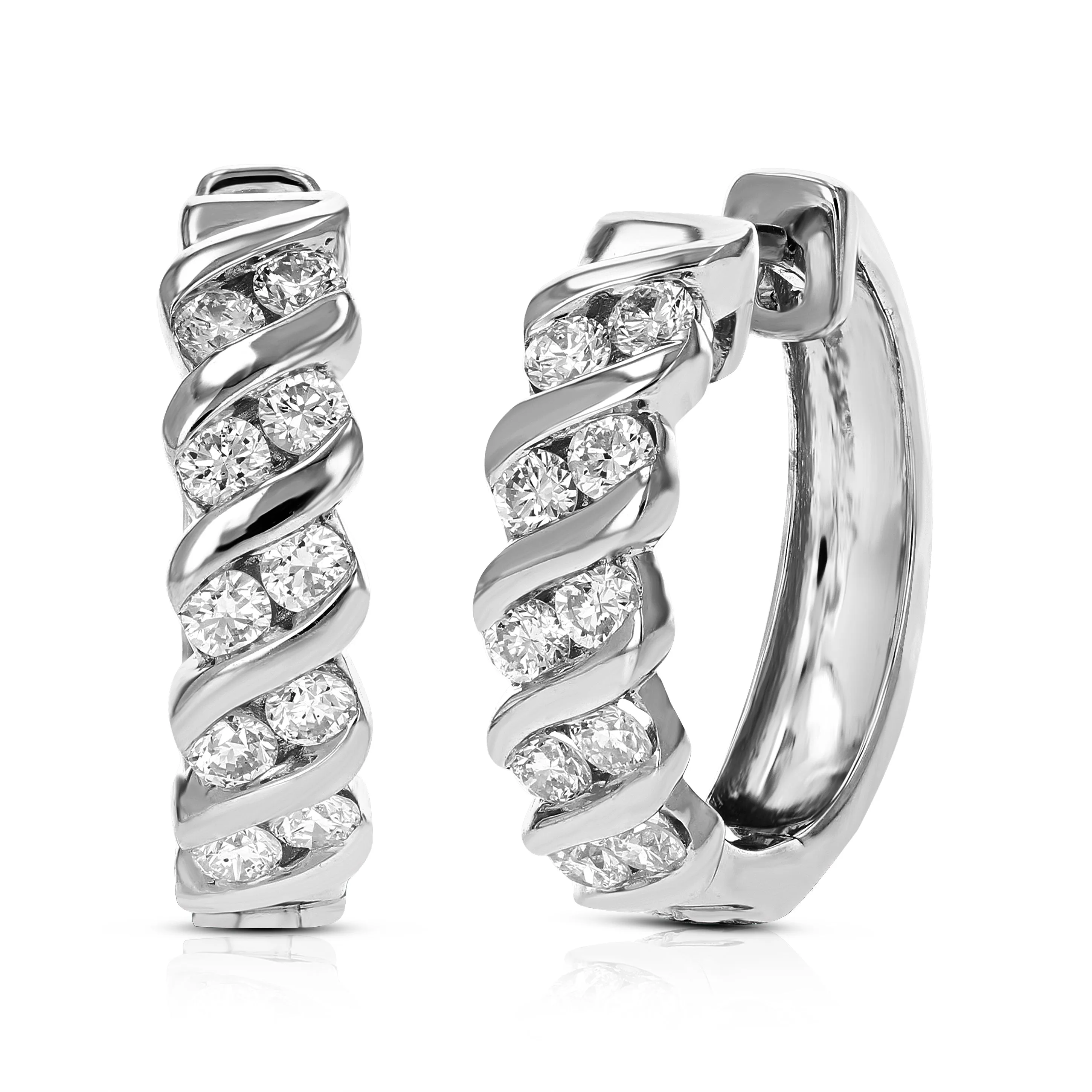 1 cttw Lab Grown Diamond Twisted Channel Hoop Earrings in Silver