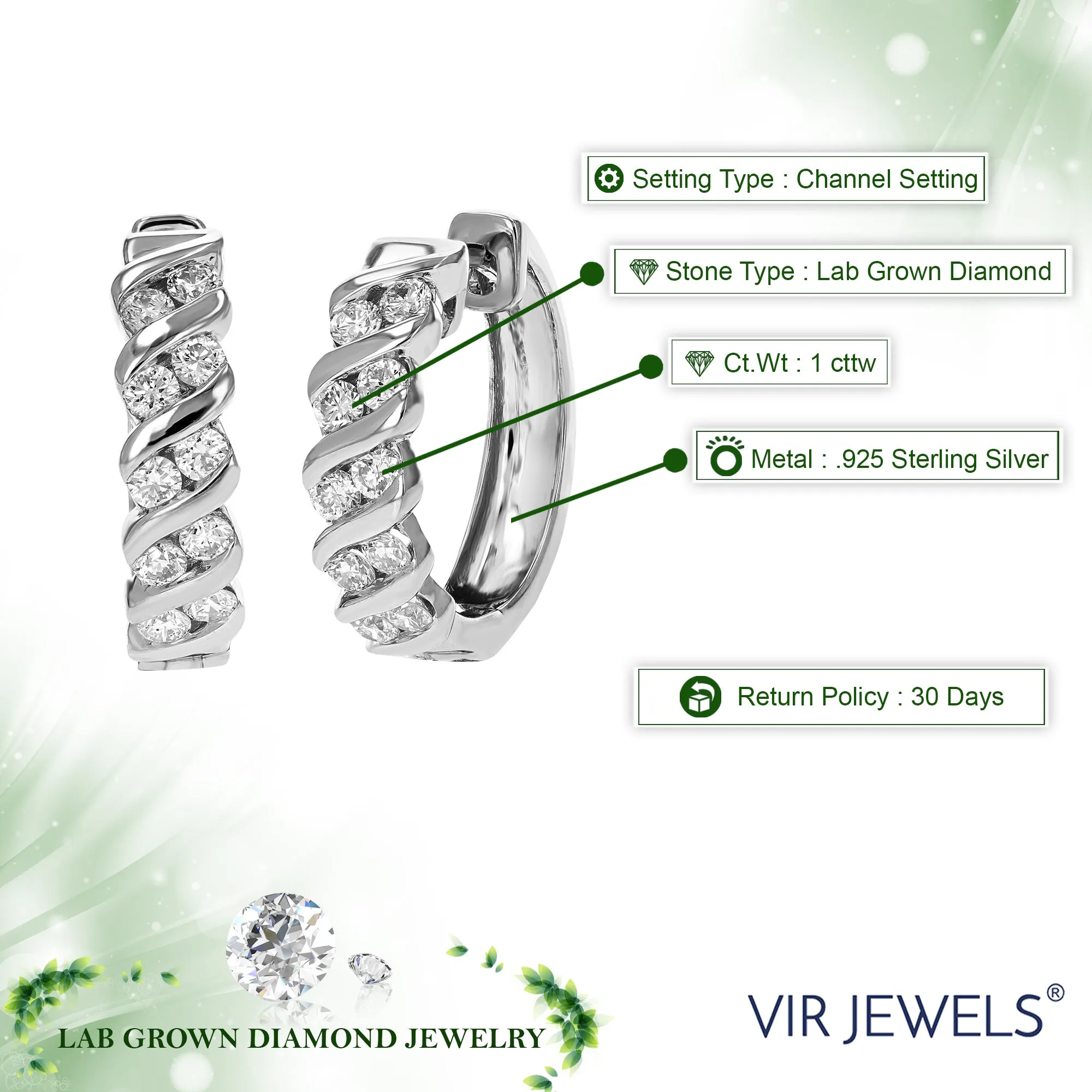 1 cttw Lab Grown Diamond Twisted Channel Hoop Earrings in Silver