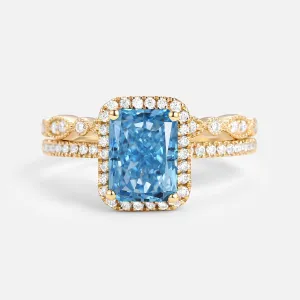 1.0ct Emerald Cut Blue Lab Grown Diamond Cluster Engagement Ring Set