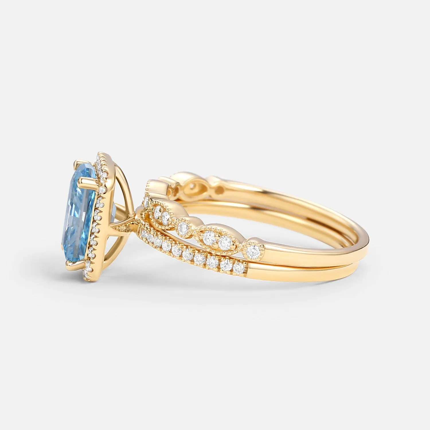 1.0ct Emerald Cut Blue Lab Grown Diamond Cluster Engagement Ring Set