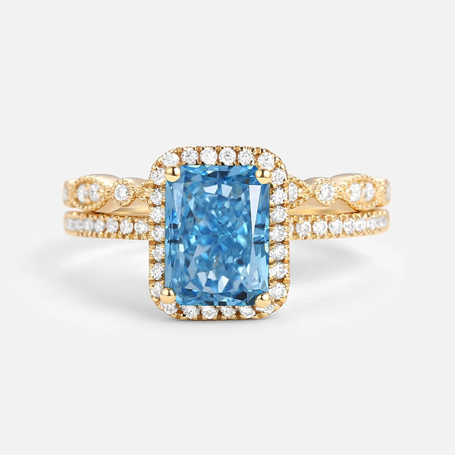 1.0ct Emerald Cut Blue Lab Grown Diamond Cluster Engagement Ring Set