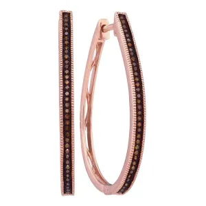 10k Pink Rose Gold Red Color Enhanced Diamond Slender Large Unique Hoop Earrings 1/4 Cttw