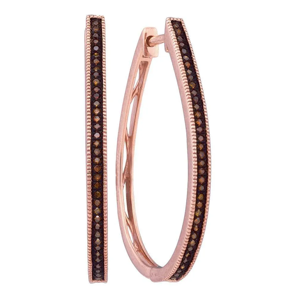10k Pink Rose Gold Red Color Enhanced Diamond Slender Large Unique Hoop Earrings 1/4 Cttw