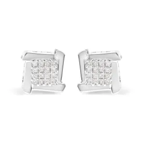 10K White Gold 1/2 Cttw Composite  Princess Diamond Square and Swirl Stud Earrings (I-J Color, I1-I2 Clarity)