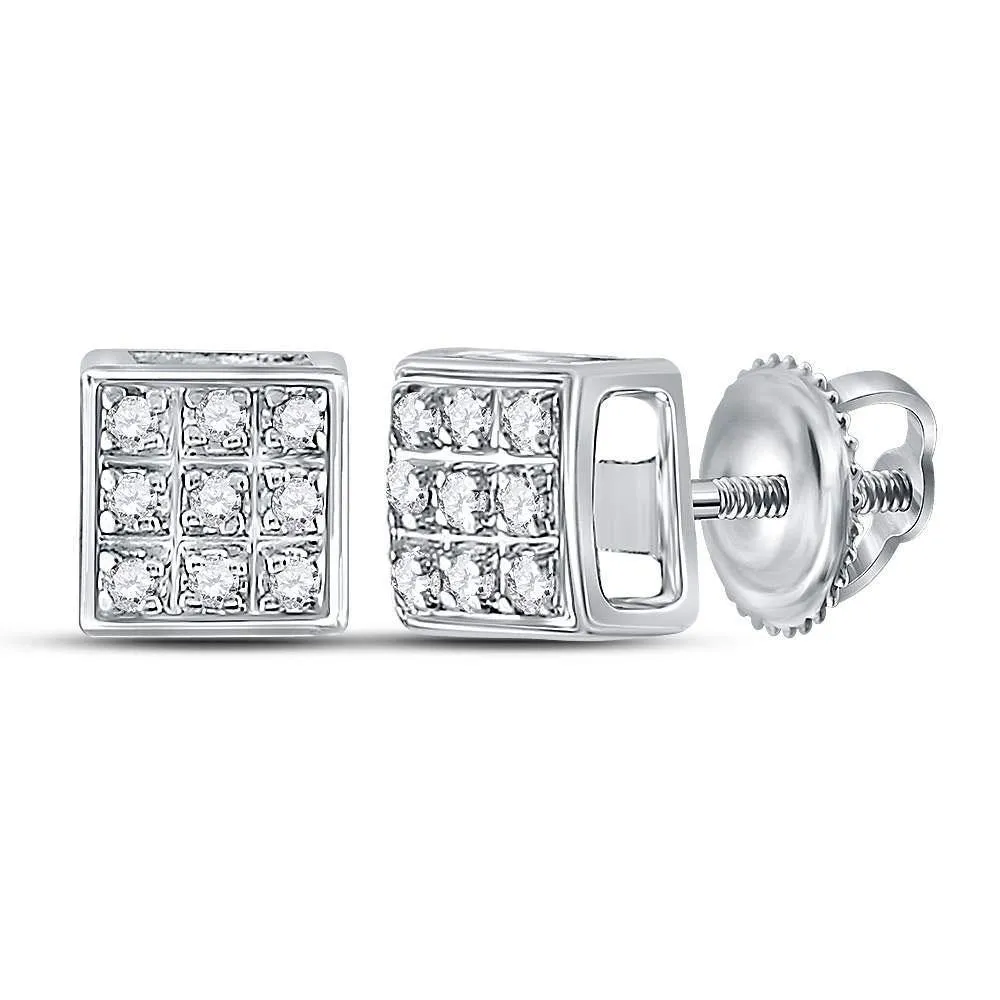 10K White Gold Round Diamond Square Cluster Earrings 1/20 Cttw