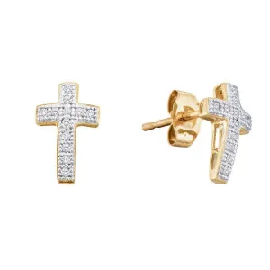 10K Yellow Gold Round Diamond Cross Stud Earrings 1/10 Cttw