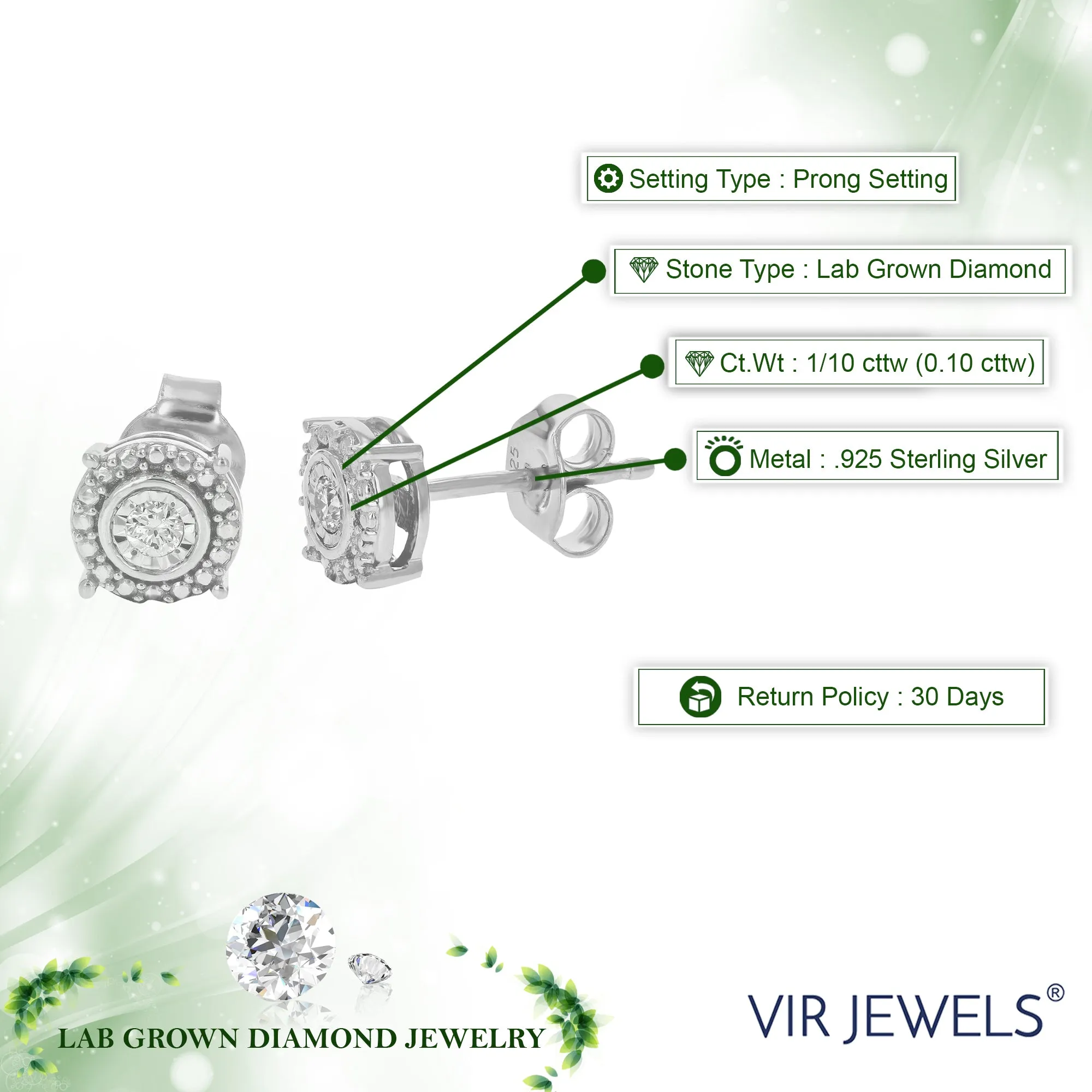 1/10 cttw Lab Grown Halo Diamond Stud Earrings in Sterling Silver
