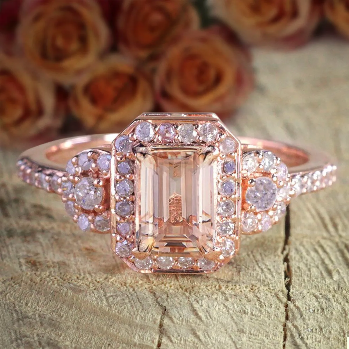 1.25 Carat Morganite Emerald Cut Diamond Moissanite Engagement Ring With 18k Gold Plating