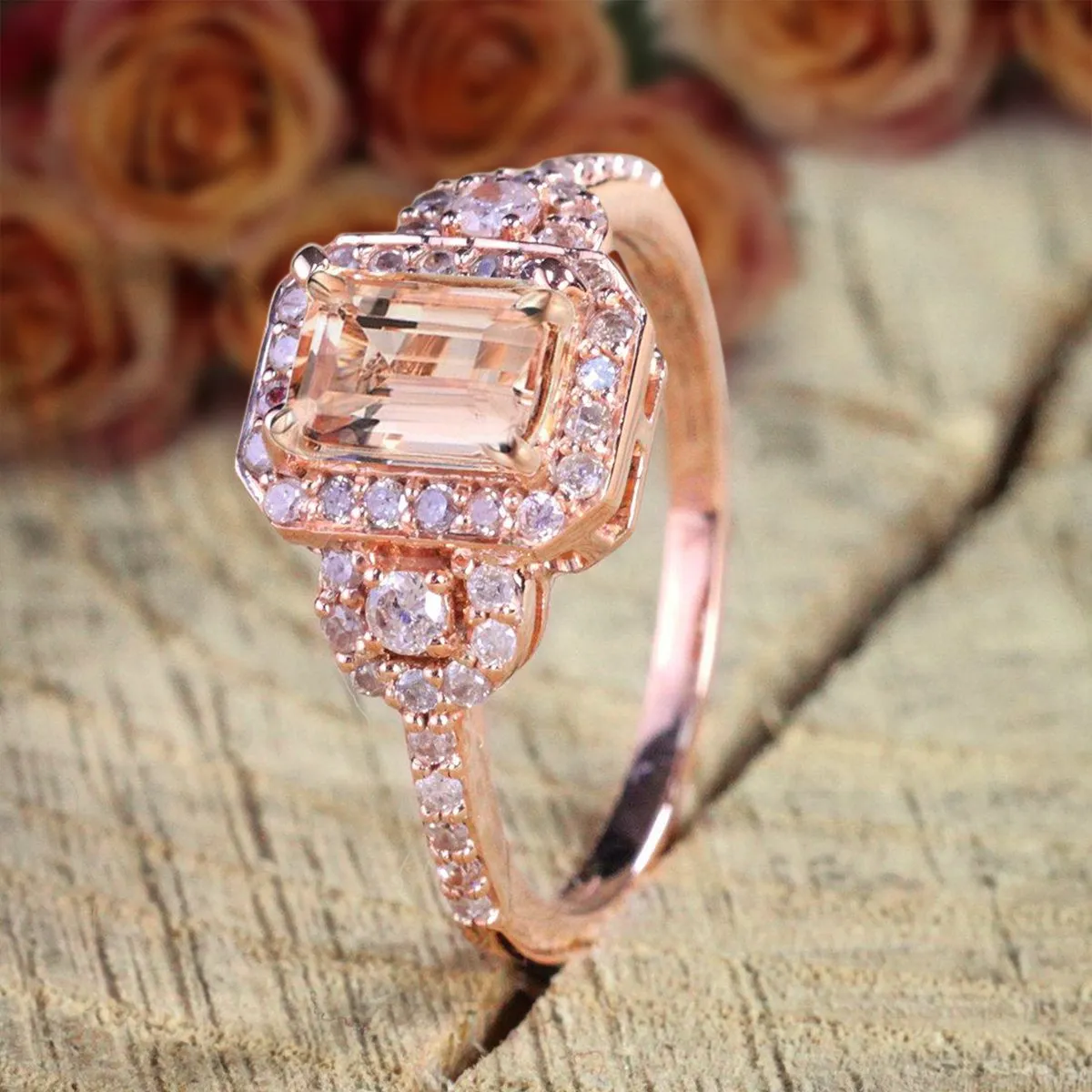 1.25 Carat Morganite Emerald Cut Diamond Moissanite Engagement Ring With 18k Gold Plating