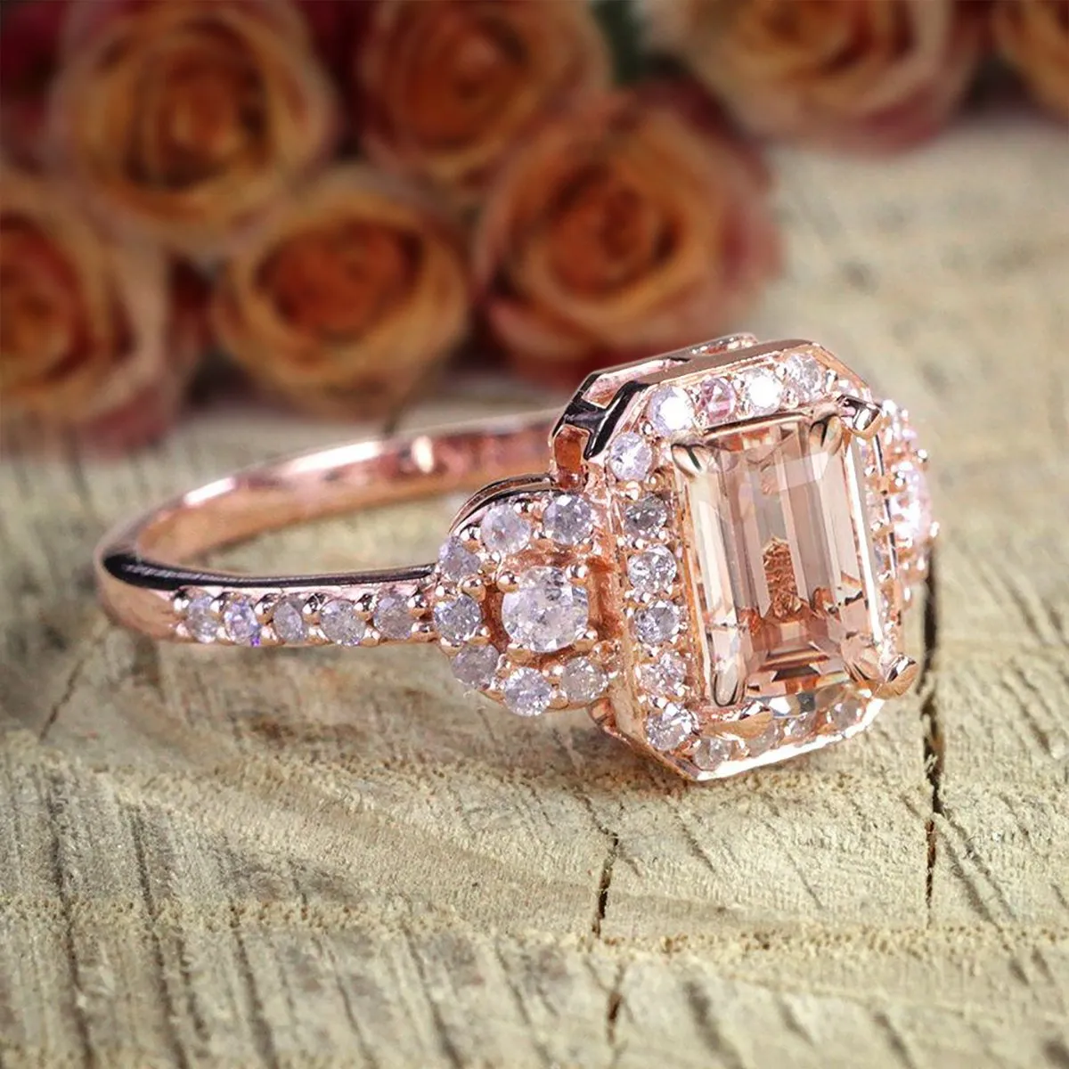 1.25 Carat Morganite Emerald Cut Diamond Moissanite Engagement Ring With 18k Gold Plating