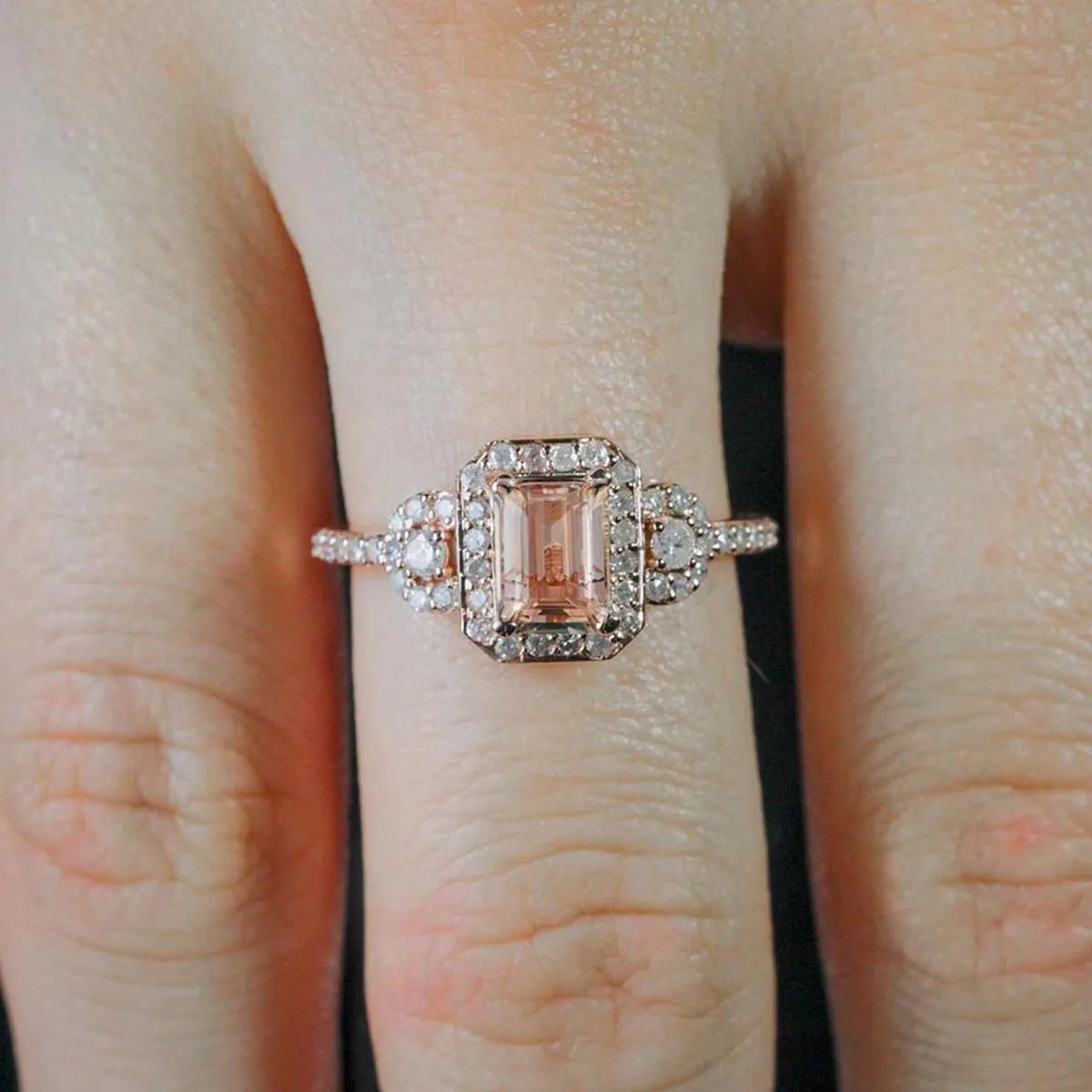 1.25 Carat Morganite Emerald Cut Diamond Moissanite Engagement Ring With 18k Gold Plating