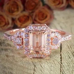 1.25 Carat Morganite Emerald Cut Diamond Moissanite Engagement Ring With 18k Gold Plating