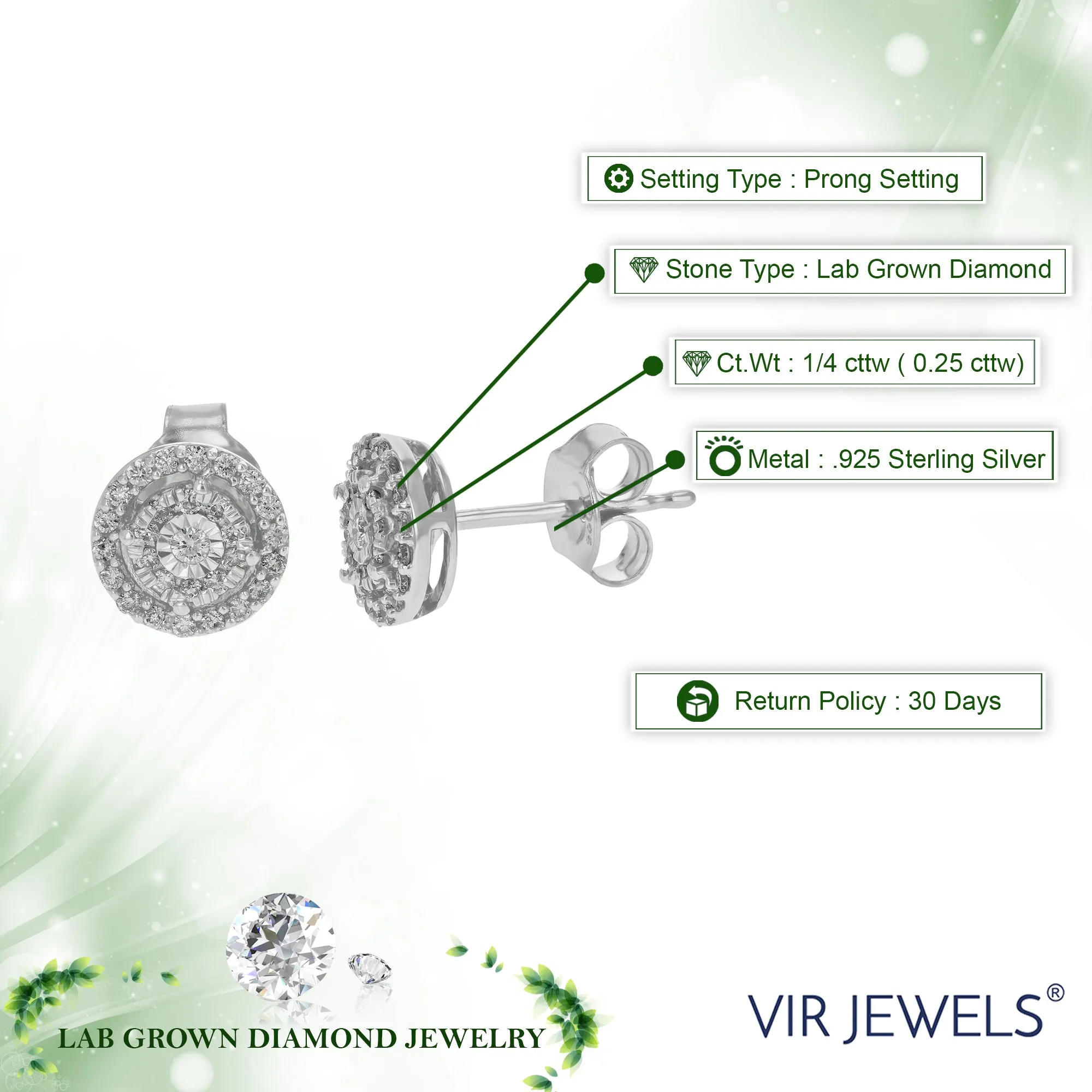 1/4 cttw Lab Grown Diamond Halo Stud Earrings in Sterling Silver