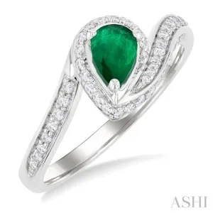 1/4 ctw Bypass Pear Cut 6X4MM Emerald and Round Cut Diamond Precious Ring in 10K White Gold