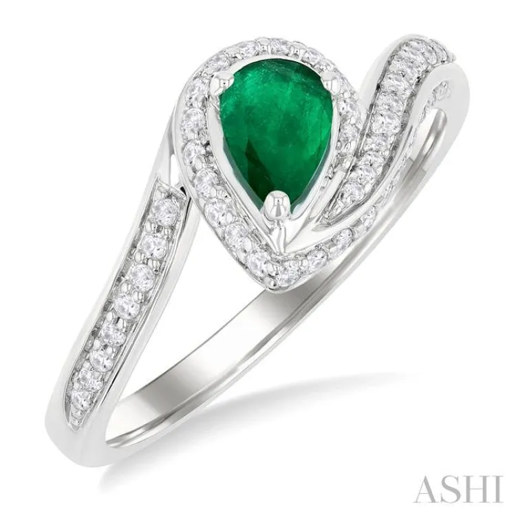 1/4 ctw Bypass Pear Cut 6X4MM Emerald and Round Cut Diamond Precious Ring in 10K White Gold