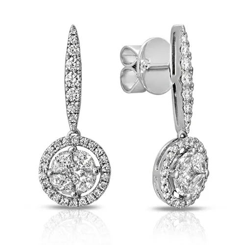 1.49 ct. Halo Diamond Dangling Earrings in 18k Gold