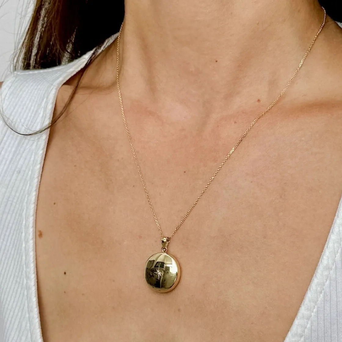 14K Gold And Diamond Round Locket Necklace