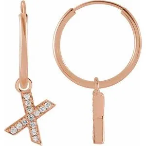 14K Rose .04 CTW Natural Diamond Single Initial X Hoop Earring