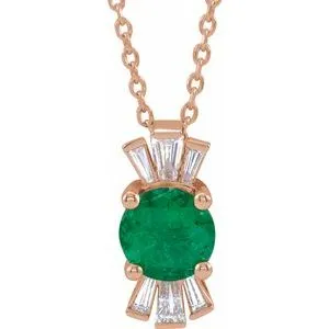 14K Rose Chatham® Lab-Created Emerald & 1/6 CTW Diamond 16-18" Necklace