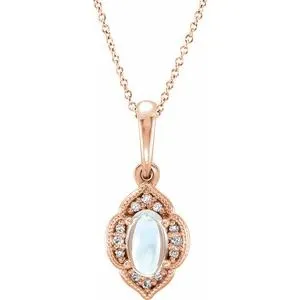 14K Rose Rainbow Moonstone & .03 CTW Diamond Clover 16-18" Necklace