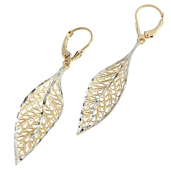 14K Two-Tone Gold (YG/WG) Hollow Leaf Lever Back Earrings