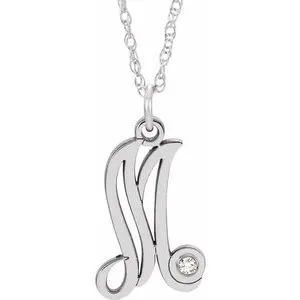 14K White .02 CT Diamond Script Initial M 16-18" Necklace
