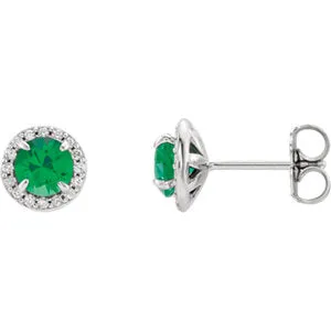 14K White 5 mm Round Emerald & 1/6 CTW Diamond Earrings