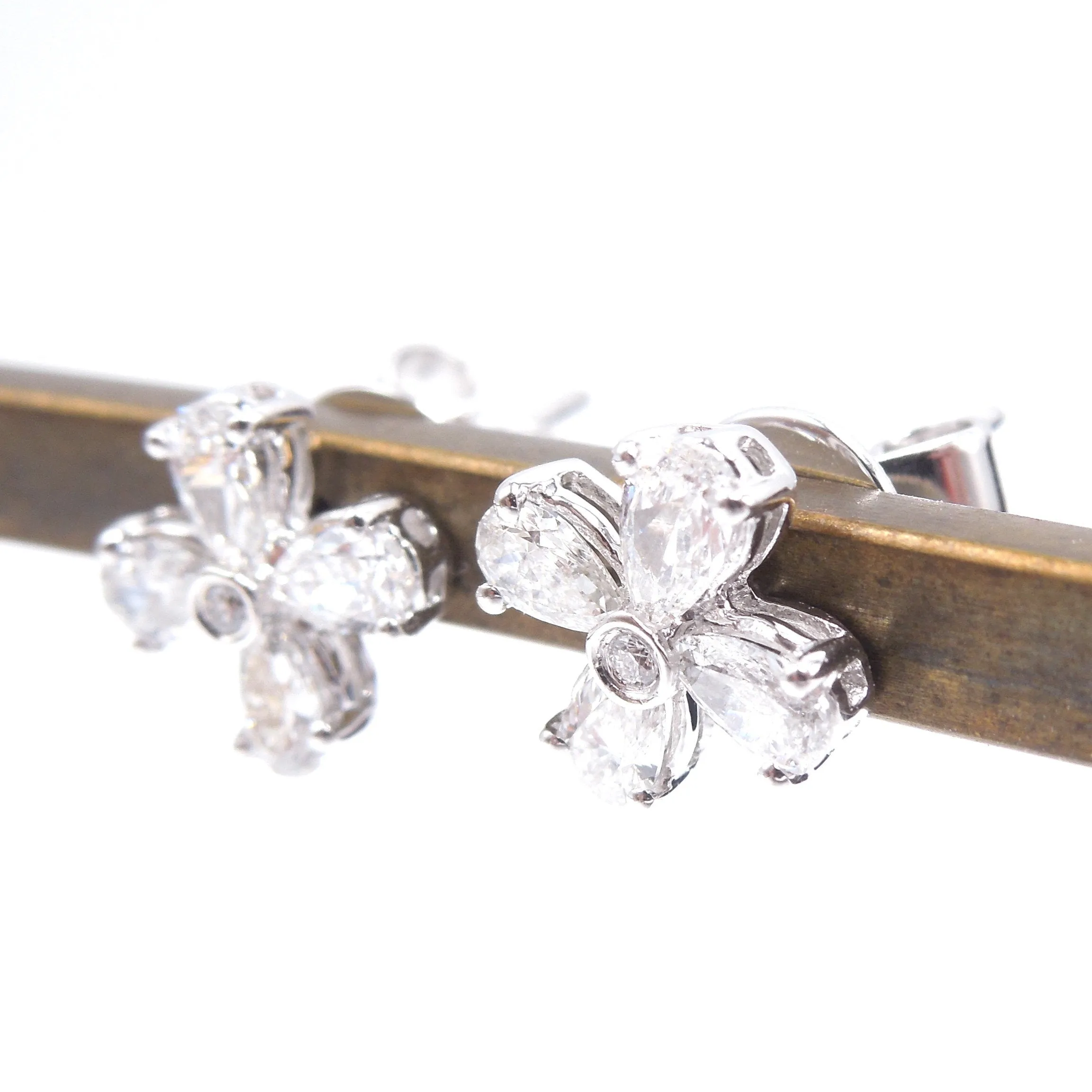 14K White Gold and Pear Shaped Diamond Flower Shaped Stud Earrings