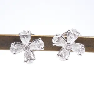 14K White Gold and Pear Shaped Diamond Flower Shaped Stud Earrings