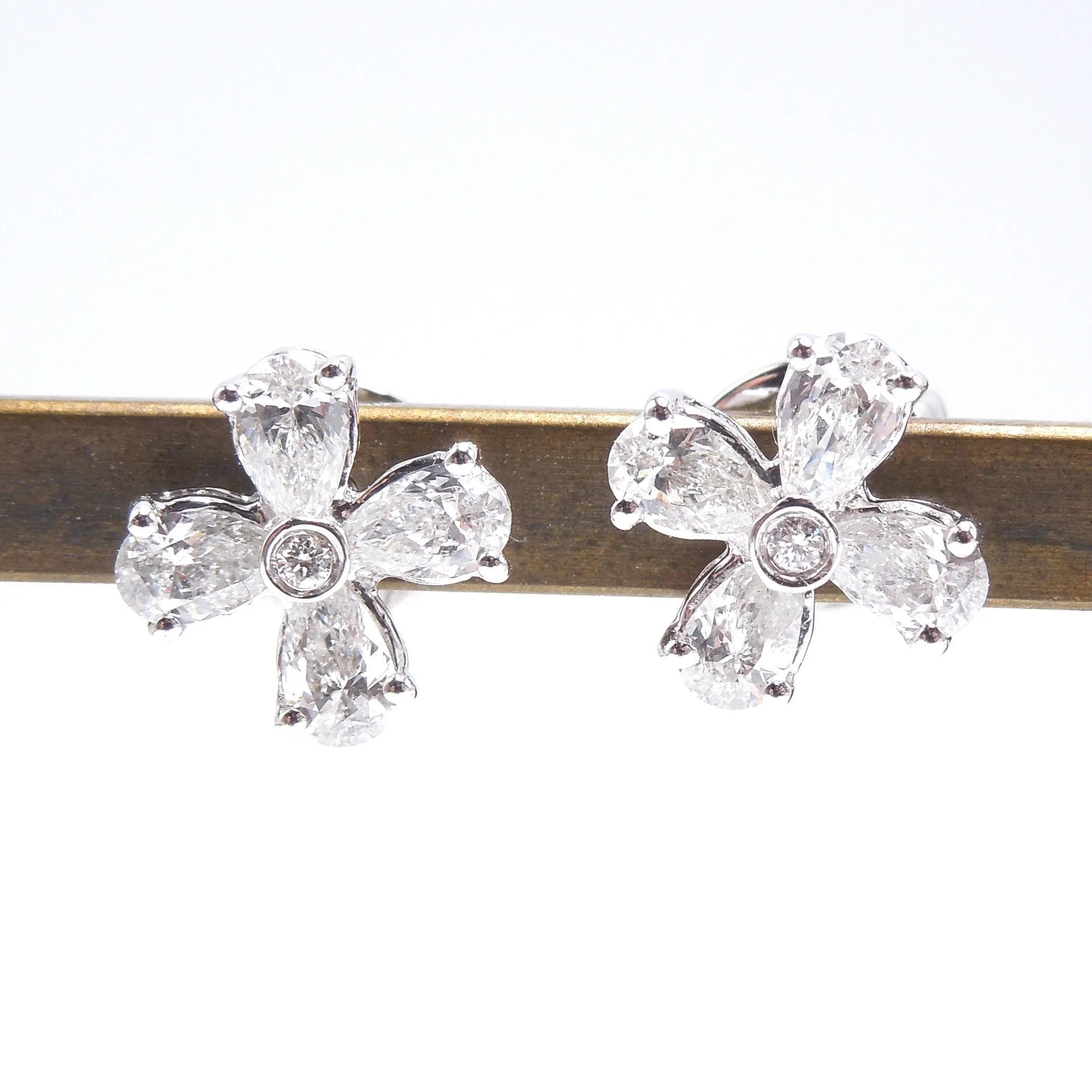 14K White Gold and Pear Shaped Diamond Flower Shaped Stud Earrings
