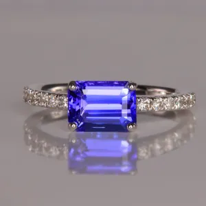 14K White Gold Emerald Cut Tanzanite Ring With Diamonds 2.07 Carats
