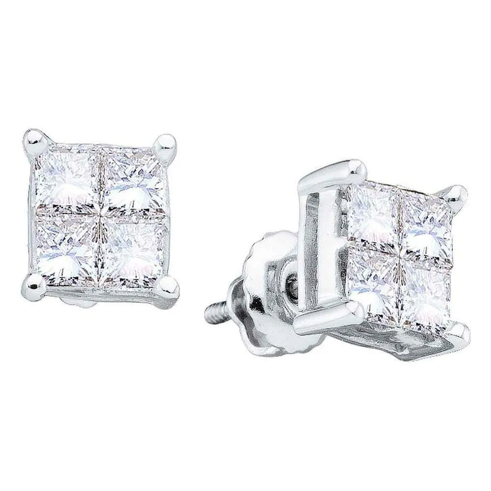14K White Gold Princess Diamond Square Cluster Stud Earrings 1.00 Cttw