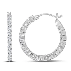 14K White Gold Round Diamond Single Row Hoop Earrings 2.00 Cttw