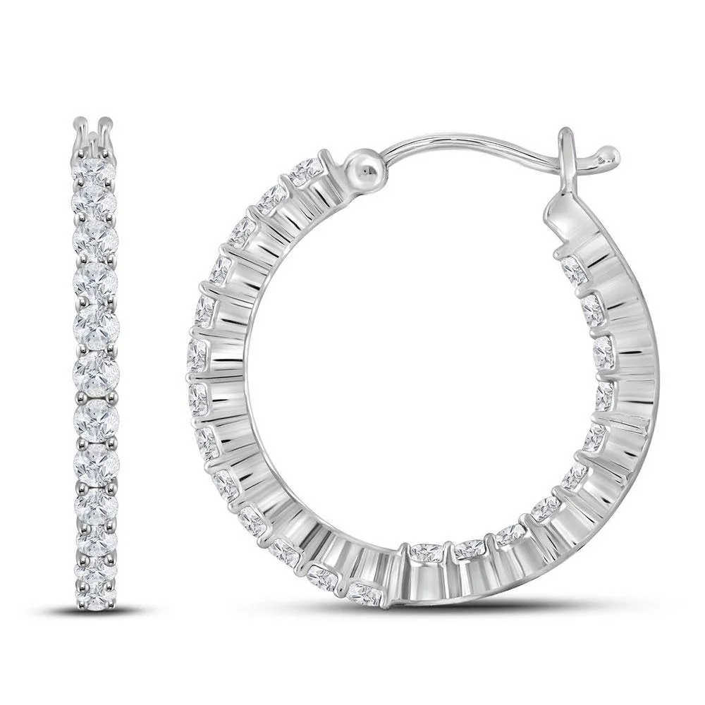 14K White Gold Round Diamond Single Row Hoop Earrings 2.00 Cttw