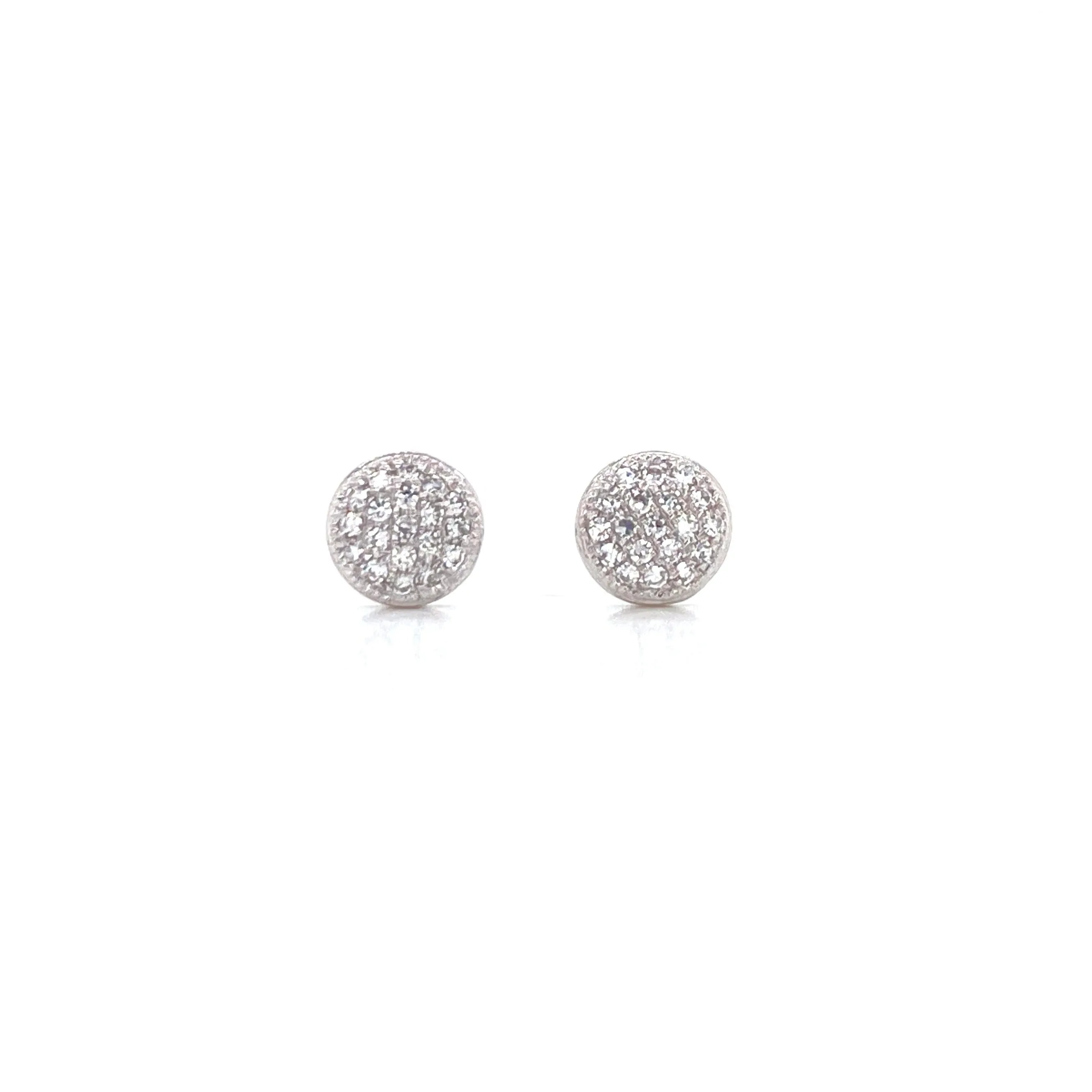14K White Gold Small Puffed Miligrain Diamond Disc Earrings