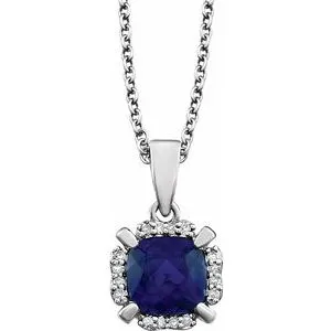 14K White Lab-Created Blue Sapphire & .05 CTW Diamond 18" Necklace