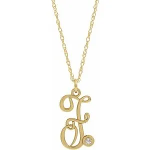 14K Yellow .02 CT Diamond Script Initial F 16-18" Necklace