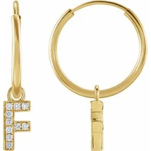 14K Yellow .04 CTW Natural Diamond Single Initial F Hoop Earring