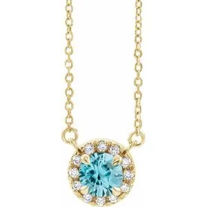 14K Yellow 5 mm Natural Blue Zircon & 1/10 CTW Natural Diamond 16" Necklace