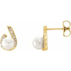 14K Yellow  Freshwater Pearl & 1/10 CTW Diamond Earrings