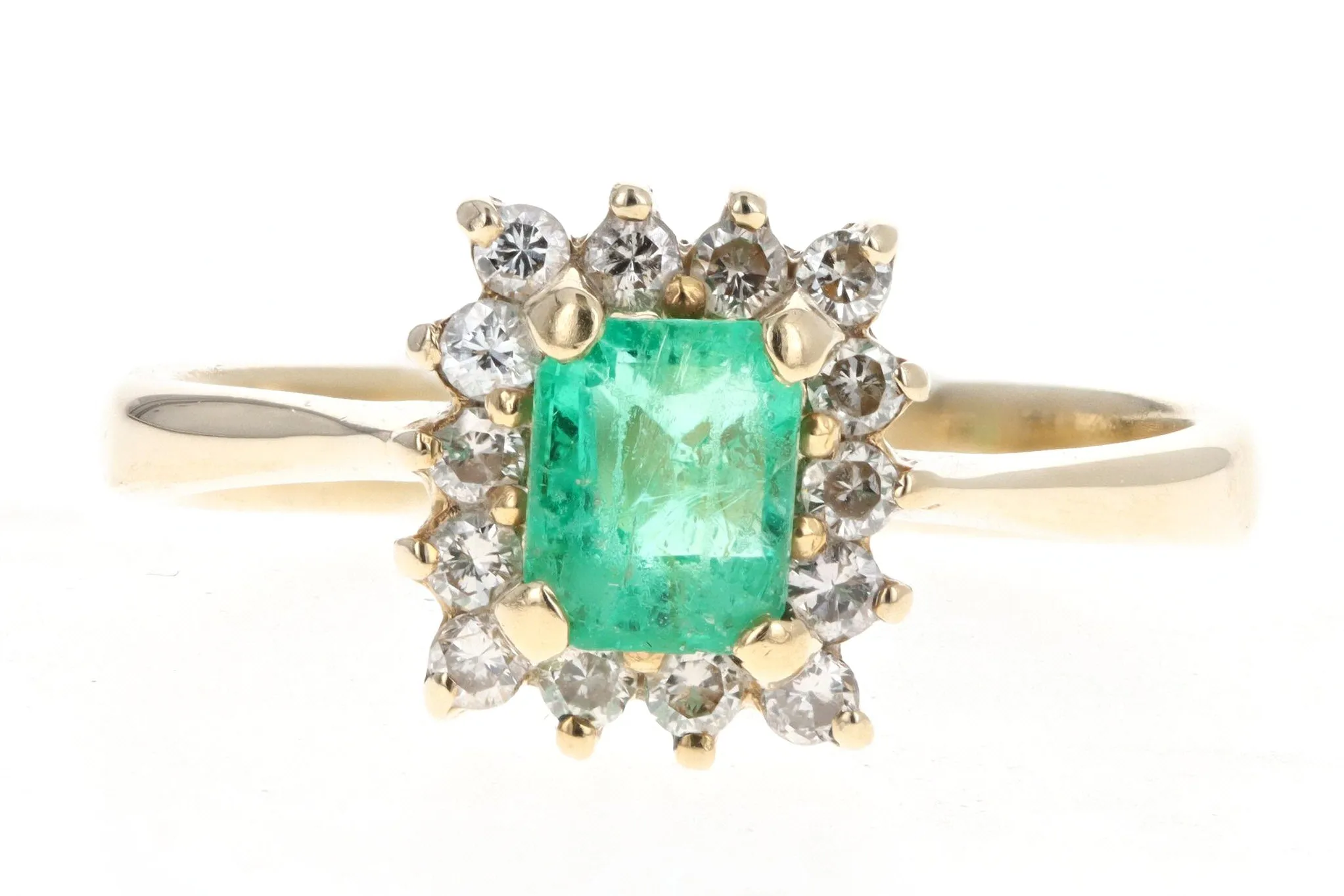 14K Yellow Gold .45 Carat Natural Emerald & Diamond Halo Ring