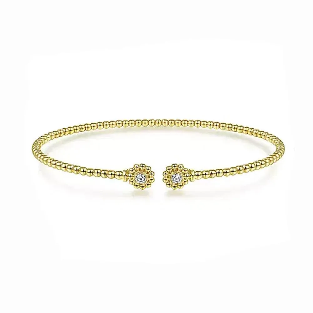 14K Yellow Gold Bujukan Split Cuff Bracelet with Diamond Flower Caps
